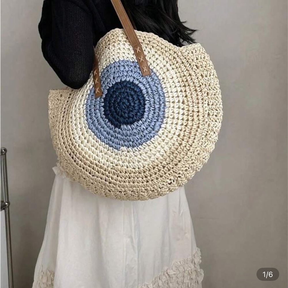 Stylish Cream and Blue Woven Tote Bag